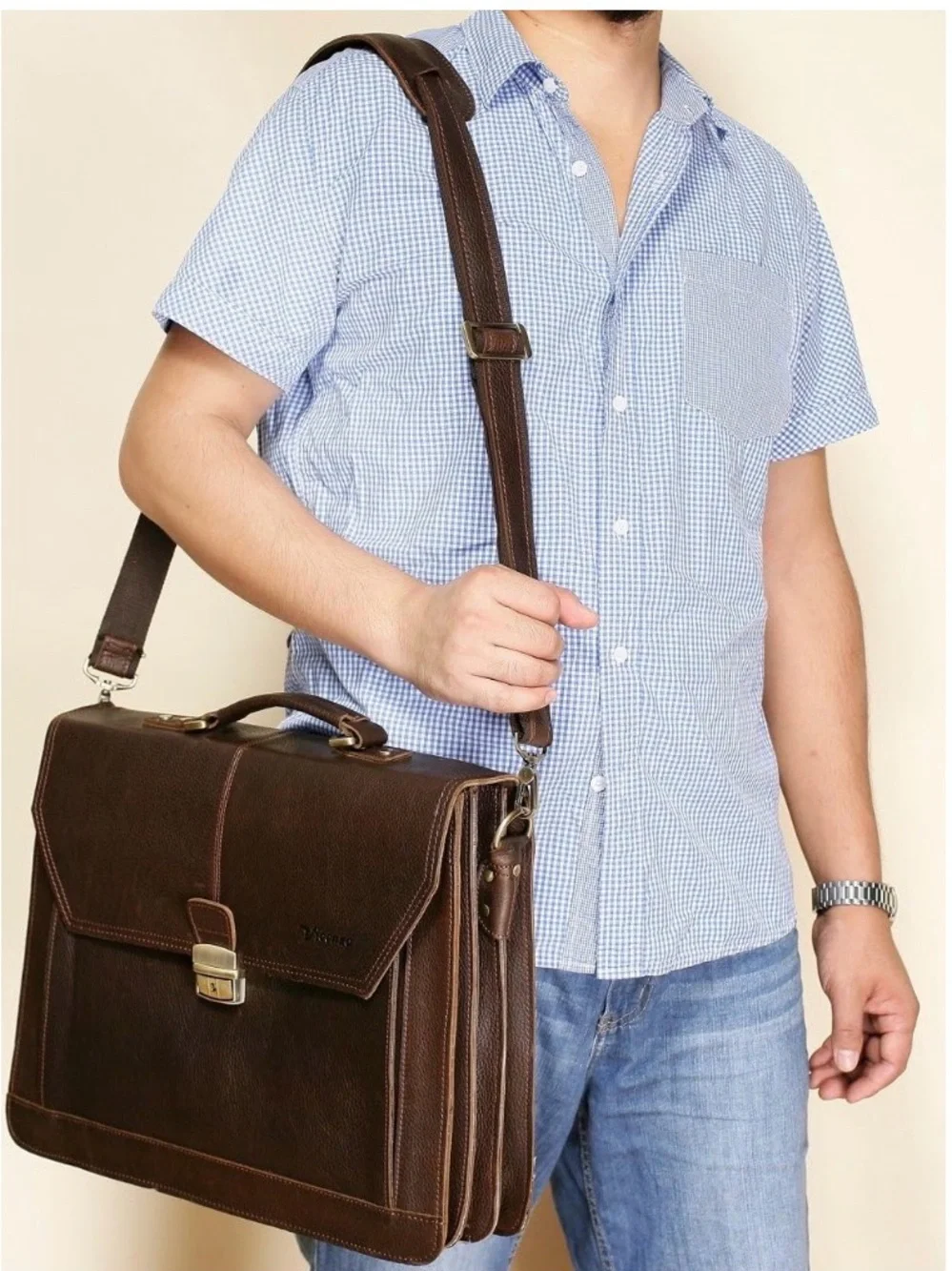 Vincenzo Dark Brown distressed Leather Briefcase with Shoulder Strap